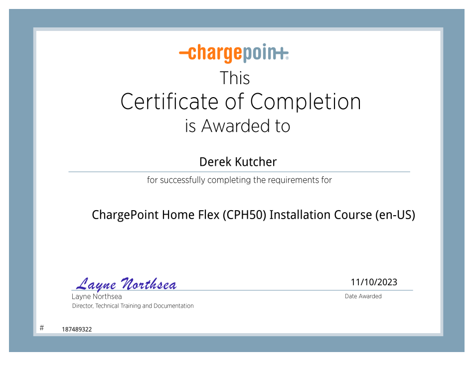 ChargePoint training certificate for Derek Kutcher: Home Flex (CPH50) Installation Course