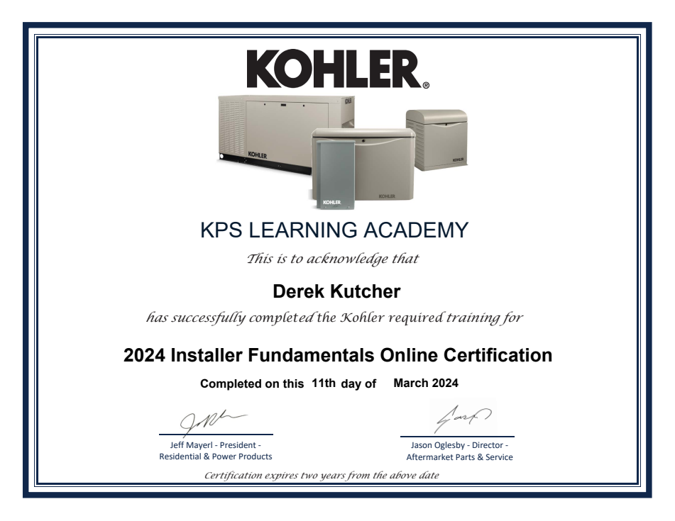 KOHLER training certificate for Derek Kutcher: 2024 Installer Fundamentals Online Certification