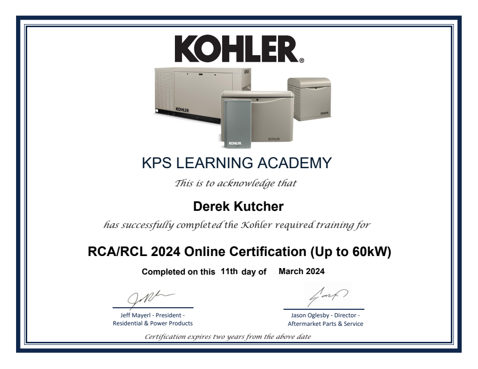 KOHLER training certificate for Derek Kutcher: RCA/RCL 2024 Online Certification (Up to 60kW)