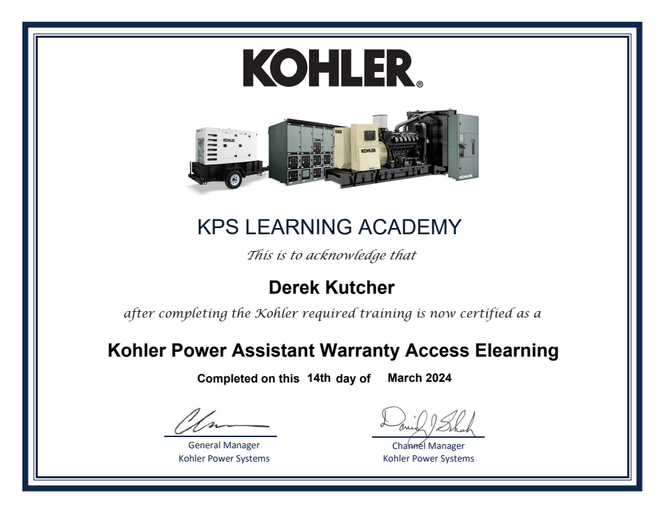 KOHLER training certificate for Derek Kutcher: Kohler Power Assistant Warranty Access Elearning